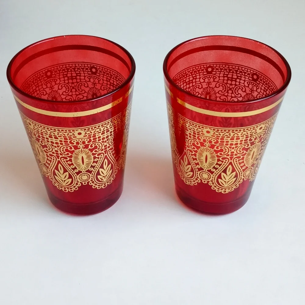 Vintage Moroccan / Turkish Tea Glasses Red & Gold Embellished Design Set of 2